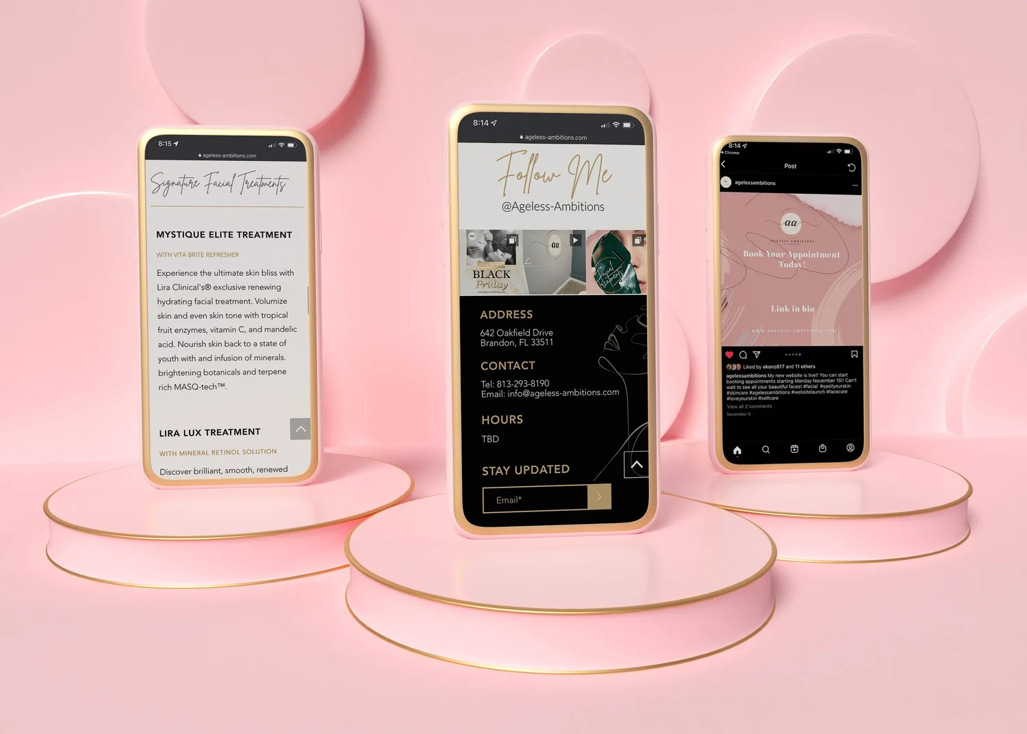Ageless Ambitions across three phone screens
