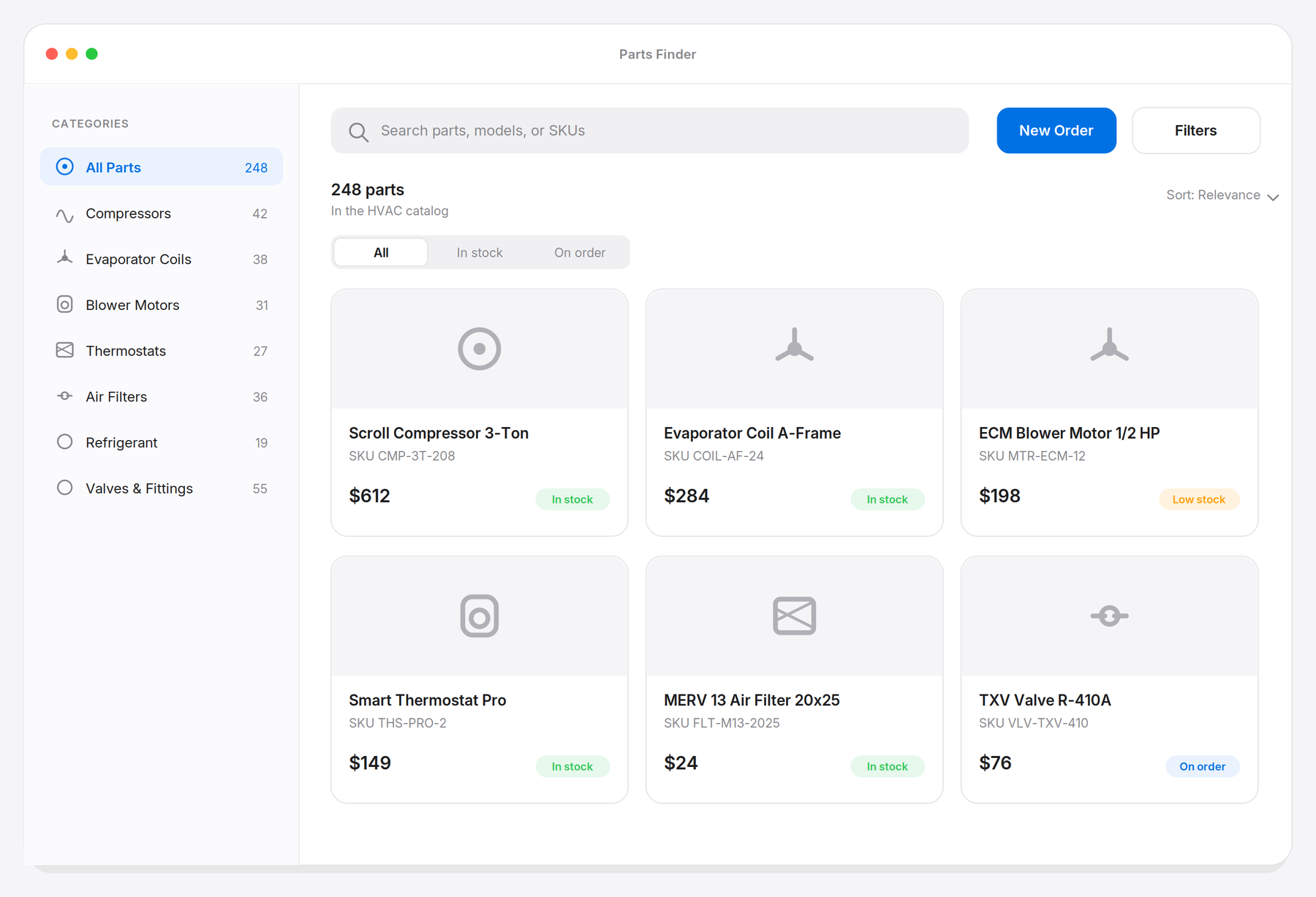 A clean parts-search dashboard for HVAC components built in an Apple-style design system: a category sidebar, a search field, and a grid of part results with SKUs, pricing, and stock status.