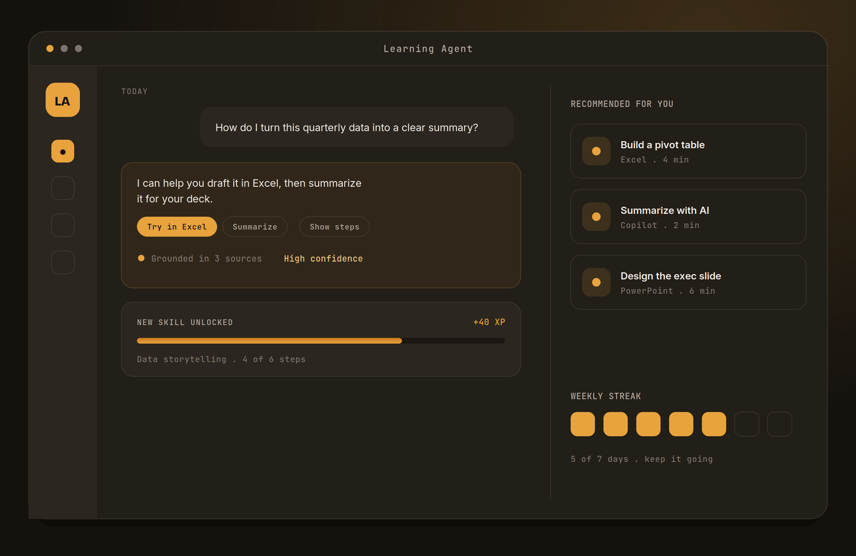 Learning Agent product interface: a conversational learning surface with recommendation chips, citation and confidence signals, a skill-progress card, and a personalized recommendation rail.